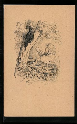 Künstler-AK Ludwig Richter: Der Knabe und der Schwarzspecht, Wanders neue Fabel 