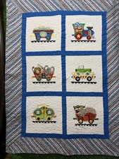Vintage Colorful Train-Themed Baby Quilt 44x 33 Handmade Nursery Blanket