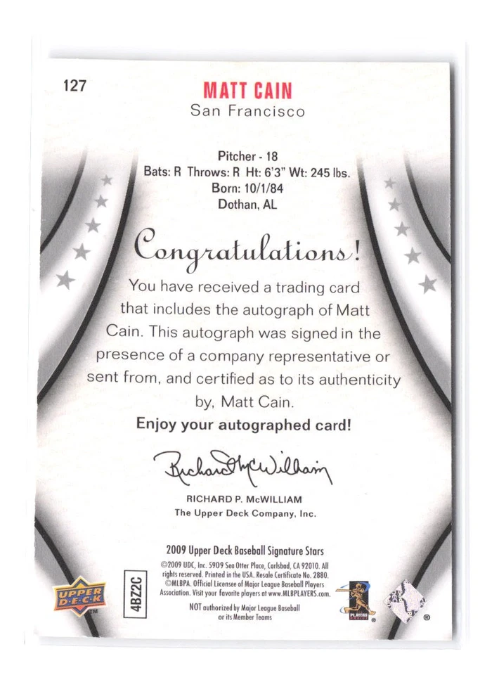 Upper Deck Signature Stars Matt Cain 2009 autógrafo automático 127 Giants Foto 2 de 2