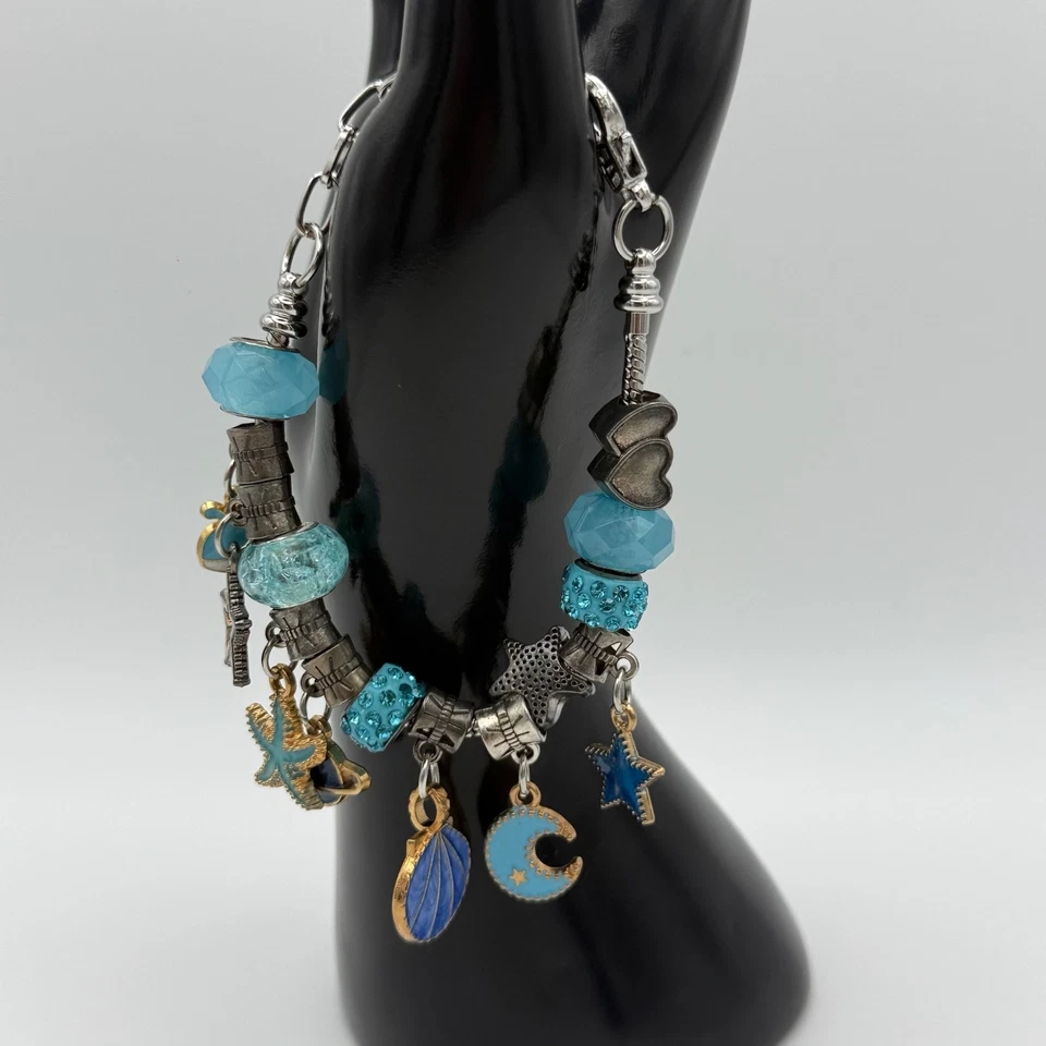 Pulsera azul aguamarina con cuentas océano mar estrella de mar luna joyería Foto 4 de 4