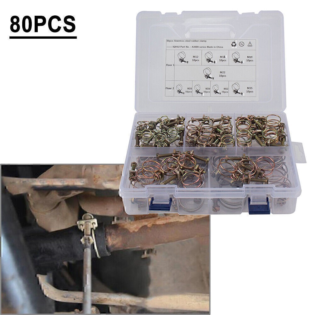 80PCS Double Wire Hose Clamp Pipe Clip Screw Bolt Tight Fitting Kit Classic Type