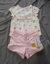 Cat  Jack Girls 2-Piece Shorts Set 5T Heart T-Shirt, Pink Drawstring Shorts