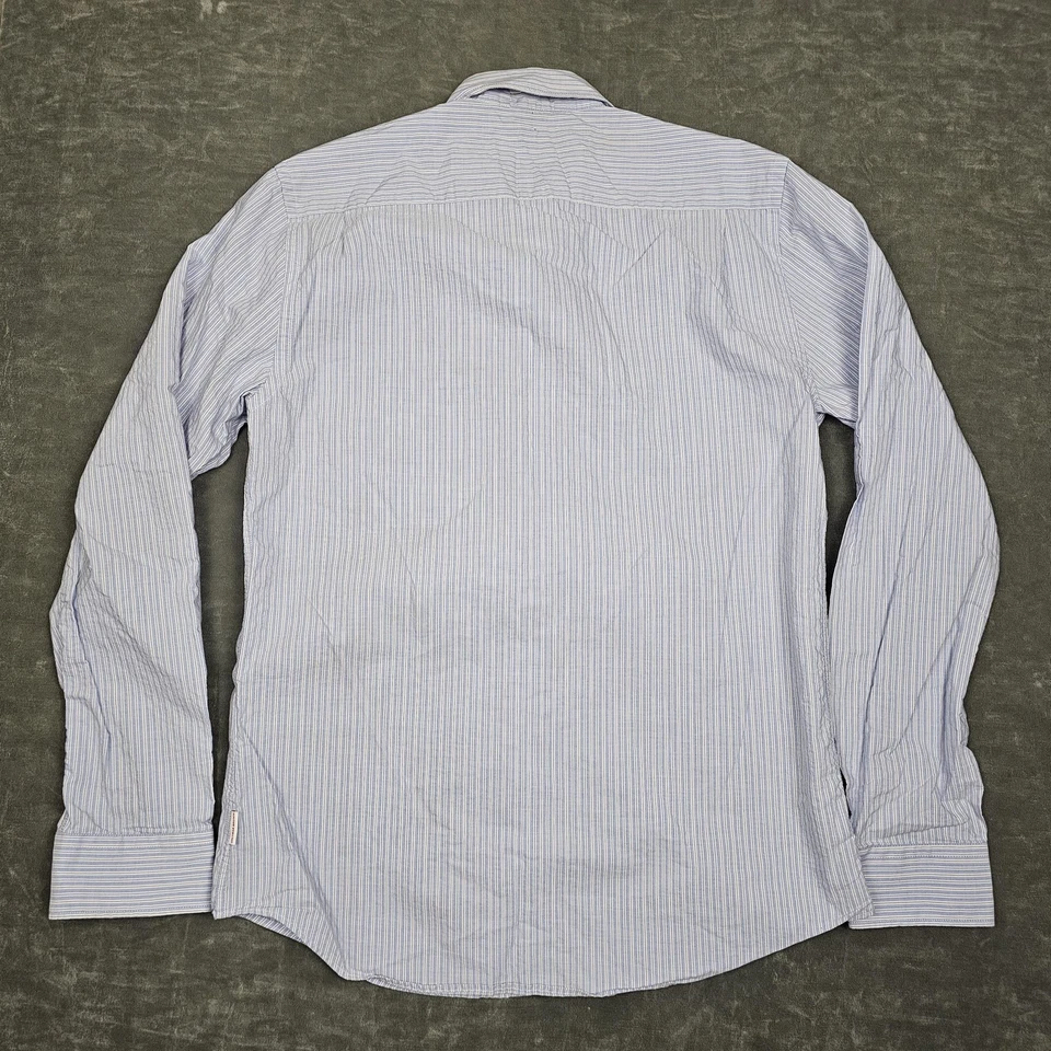 Camisa Orlebar Marrón Para Hombre Mediana Azul Blanco Rayas Abotonadas Manga Larga Algodón Foto 3 de 4