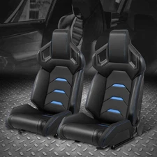 Pair of Universal Black Vinyl Blue Stitching Reclinable Racing Seats w/ Sliders