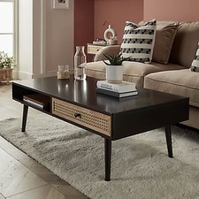 Coffee Table Matt Black Rectangular Wooden With Window Shelf And Drawer Modern