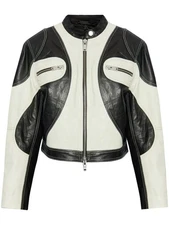 Women’s Racing Leather Jacket Genuine Lambskin Moto Biker Black White Retro Fit