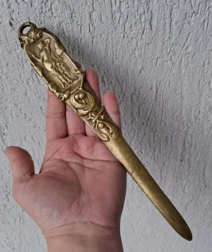Antique ART NOUVEAU bronze letter opener paper cutter T. Szirmai L=27 cm