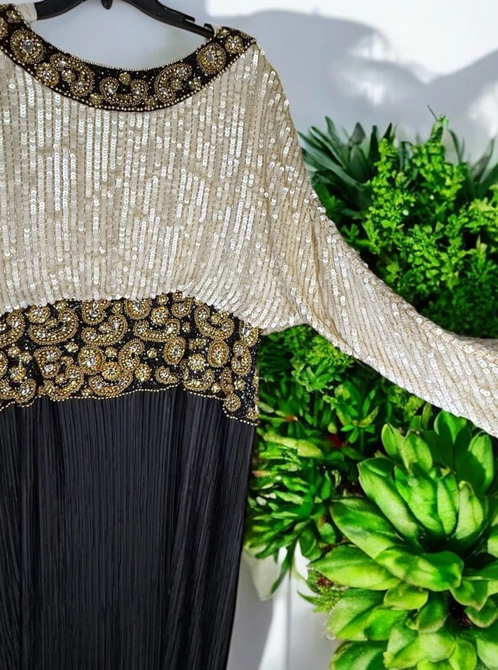 George F. Couture Beaded Sequin Gown Sz 16 Black Gold Vintage Maxi Glam - Image 2 of 4