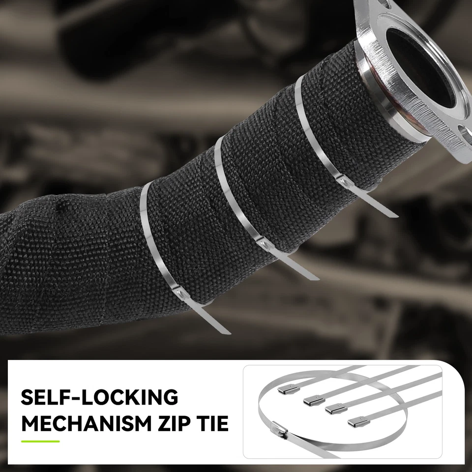 Cabezal de escape de fibra de vidrio negro de 2" de 30 pies envoltura térmica y lazos de acero inoxidable de 5 piezas Foto 4 de 4