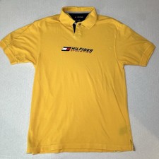 VTG Tommy Hilfiger Athletics Spell Out Flag Polo Shirt 90s Yellow Medium
