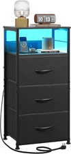 LED Nightstand with Charging Station, Black Night Stand with 3 Fabric Drawers an