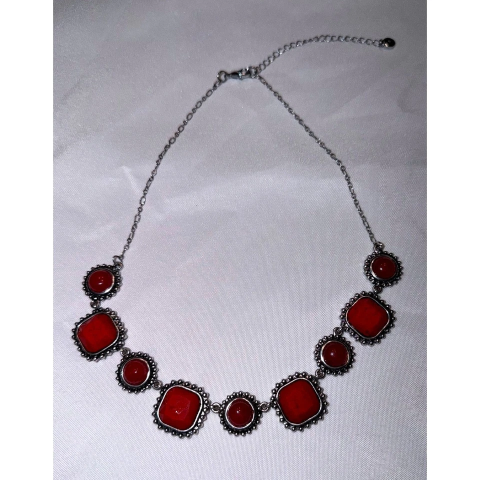 Женщин красный заявление ожерелье серебристого тона бисером регулируемая цепочка богемное шик - Изображение 4 из 4