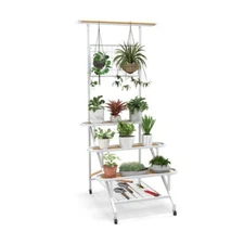 4-Tier Plant Shelf Hanging Bar Plant Stand Flower Rack w/4 Swivel Rubber Wheels