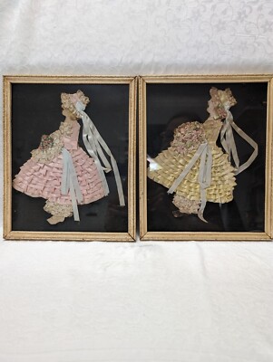 Pr Vintage Ribbon Ladies Art From Kit All Original Framed Under