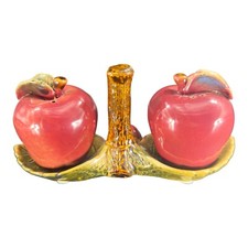 Whimsical Apple Fruit Salt And Pepper Shaker Set On Tree Stand Ceramic Set 2