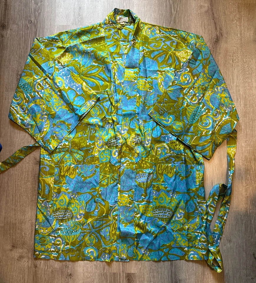 ВИНТАЖНЫЙ шелковый халат кимоно Star Of Siam 1960-е РЕДКИЙ гавайский принт Таиланд M - Изображение 2 из 4