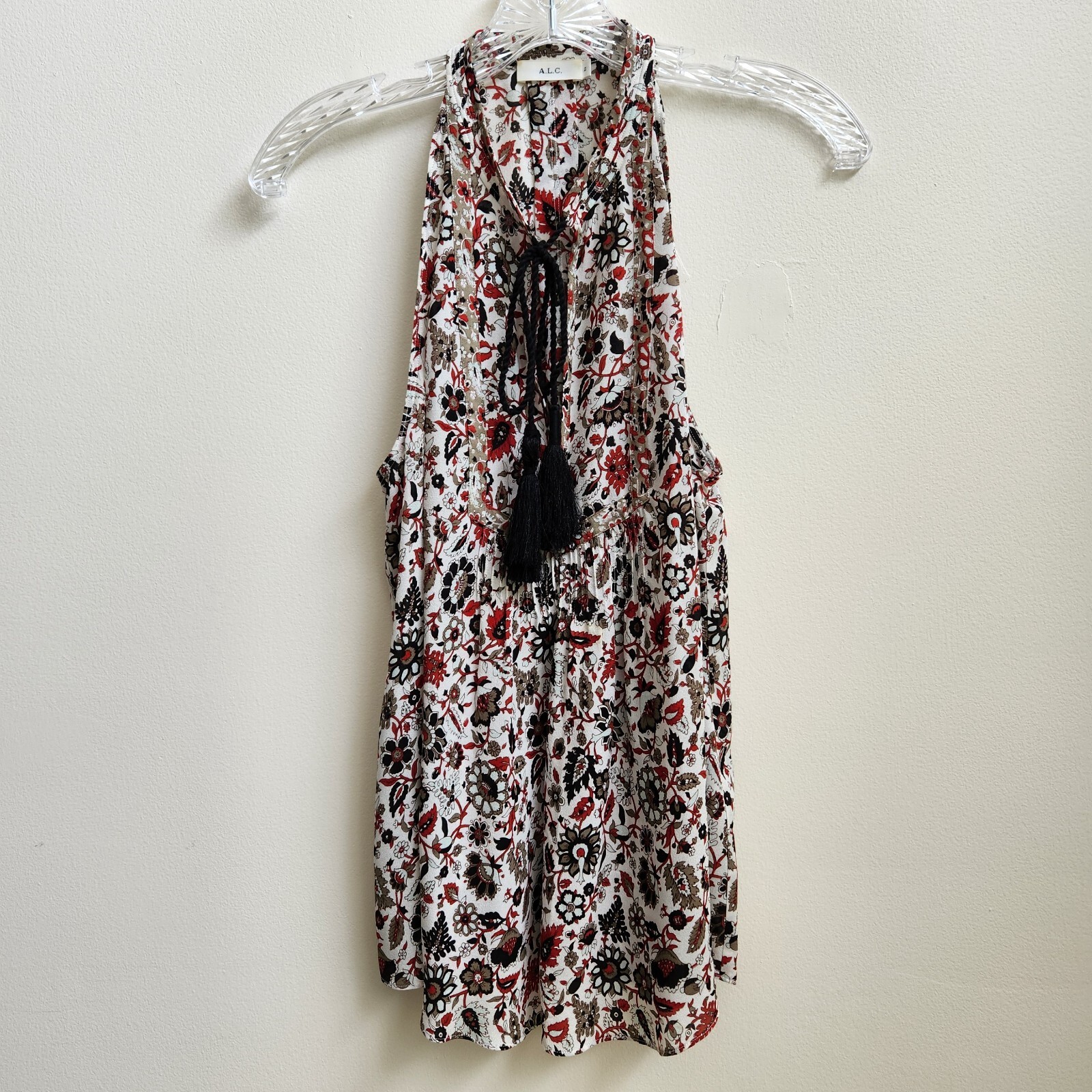 ALC Tank Women's 2 Silk White Red Floral Tassel V-Neck Sleeveless Boho Classic