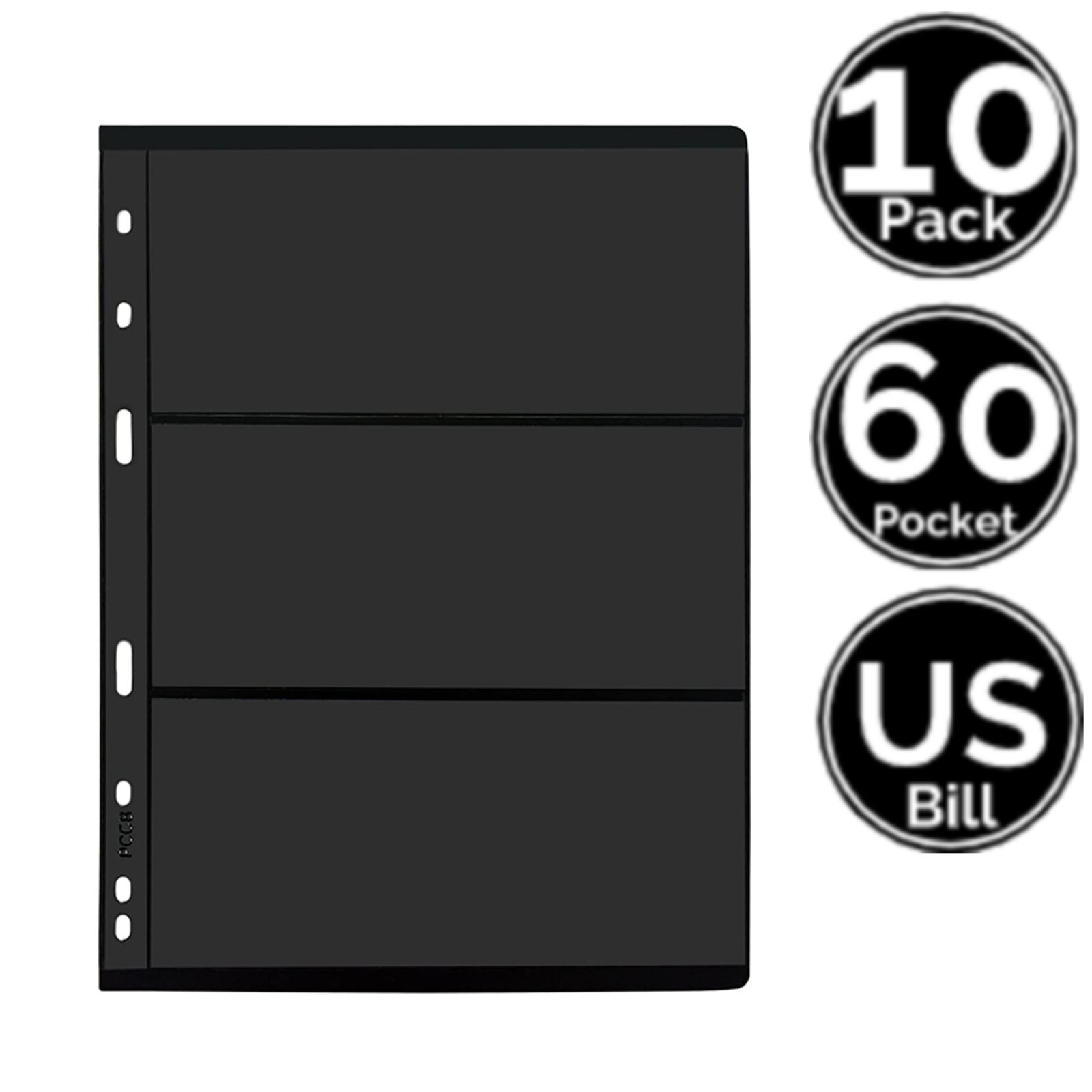 10 Page 60 Pocket STURDY Black Sleeve Sheets 9-Hole 4 Currency Paper Money Bill