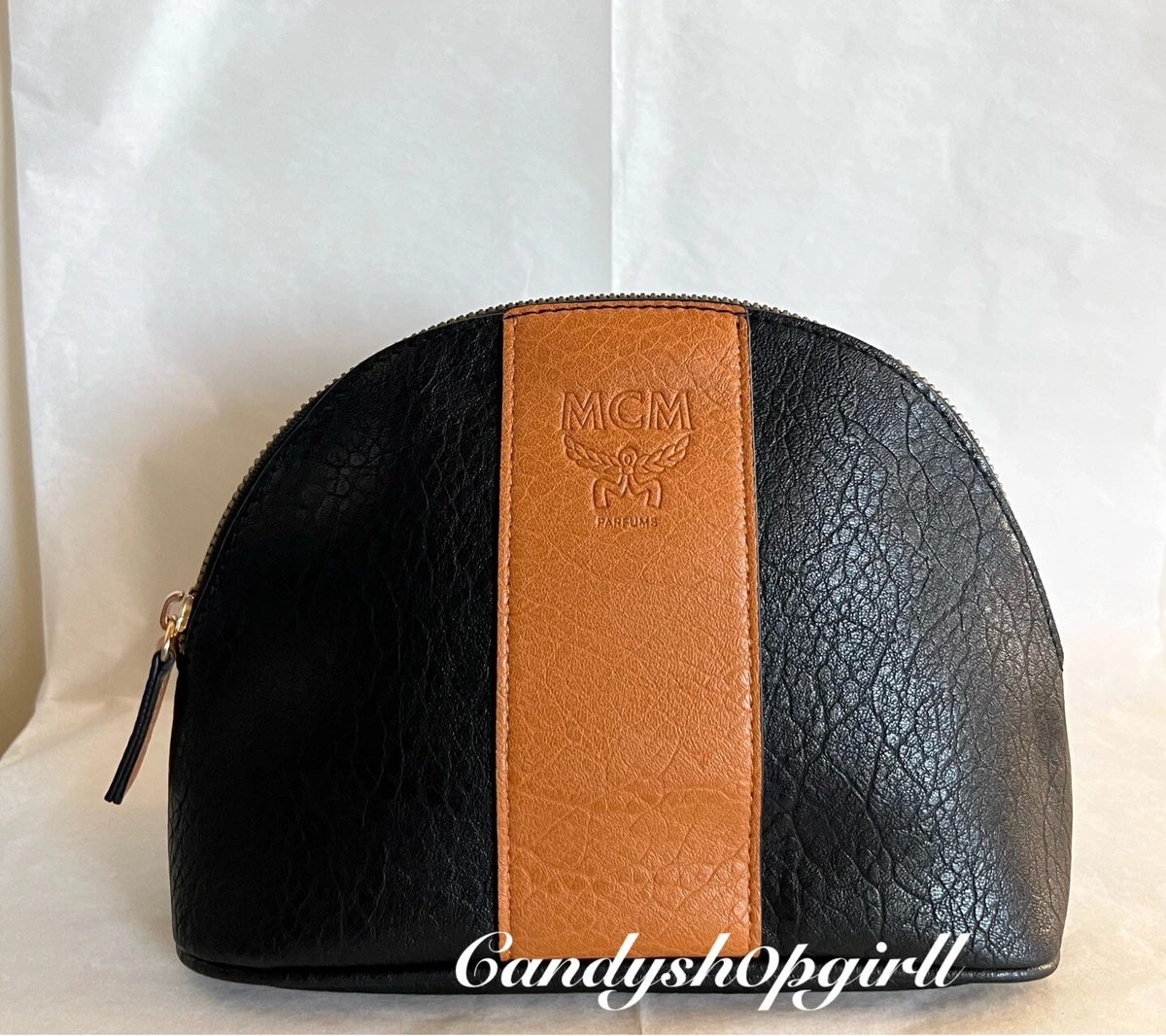 NEW MCM Embossed Logo Leather Makeup Bag Pouch (Black/Cognac)