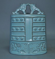 6.4" China Ru Horno Porcelana Fengshui Bestia Campana Campanas Horómetro Set Estatua
