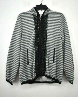 Hem & Thread Womens Stripe Long Sleeve Full Zip Lace Fleece Hoodie Jacket L