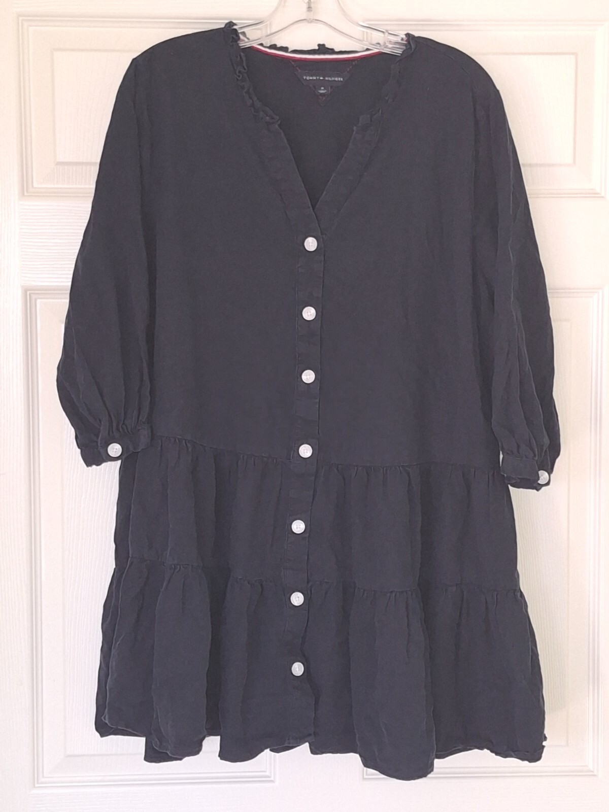 Tommy Hilfiger Navy Tiered Ruffle 3/4 Sleeve Button Down Dress Size Medium