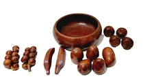 Wood Fruit Bow Set Vintage Mid Century 13 Piece Centerpiece Carved Decorative