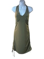 Vintage ARDEN B Olive Green Halter Mini Dress Ruched Side Y2K Stretch L