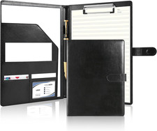Faux Leather Portfolio Binder with Clipboard and Multi-Pocket Storage Black 