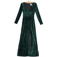 Belle Badgley Mischka Emerald Green Velvet Striped Maxi Dress Evening Gown US 0