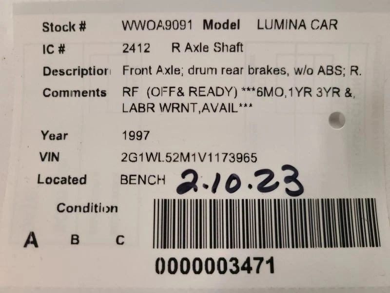 Eje de pasajero eje delantero tambor frenos traseros se adapta a 91-99 LUMINA CAR 1672282 Foto 4 de 4