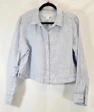 C&C California Striped 100% Linen Top Womens Large Blue White Beachy Coastal 