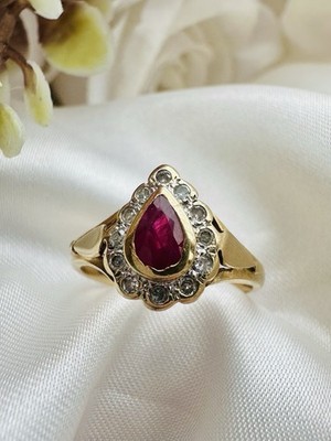 Vintage Cluster-Ring 9 kt Gold Rubin und Diamant Birnenform Größe O 1/2 Jahr 2000