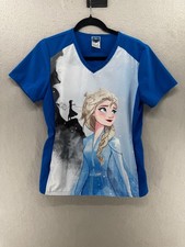 Disney Frozen Elsa Scrub Top Womens XS Blue White Character Kangaroo Pocket