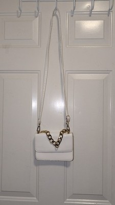 LD Beige Crossbody Handbag Gold Metal Handle Faux Leather Shoulder Bag Small