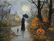 ACEO PRINT OF PAINTING RYTA HALLOWEEN BLACK CAT Folk Art house haunted Witch Jol