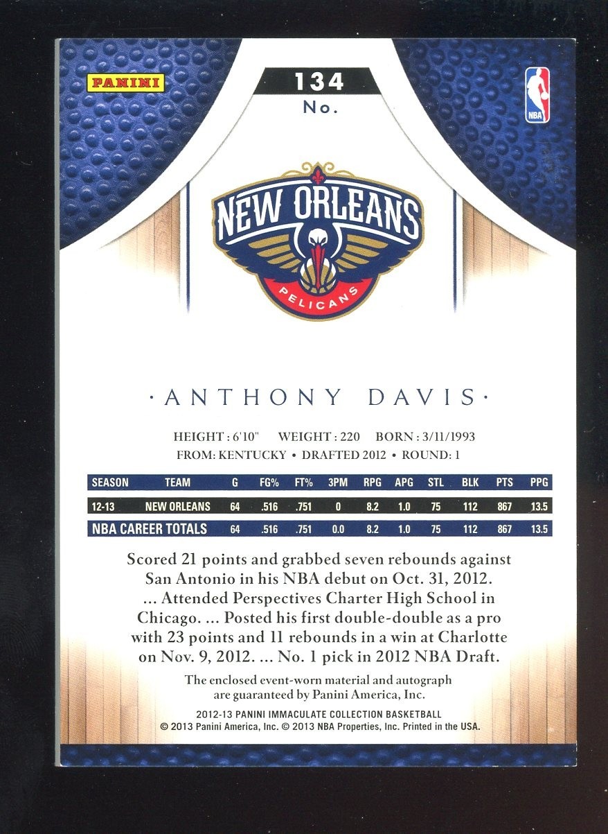 2012 Panini Immaculate Nba Anthony Davis Rpa RC Rookie AUTO 3 Color Patch 83/99 view 2
