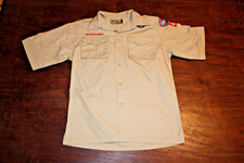 Boy Scouts of America BSA Youth Shirt Tan Large Sewn Patches Short Sleeve