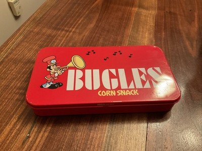 Vintage Bugles Corn Snack Tin 7.5'' General Mills Red Metal Pencil Case