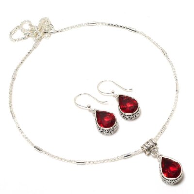 Garnet Red Quartz 925 Silver Plated Handmade Necklace & Earrings Set of 18''
