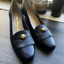 Salvatore Ferragamo Navy Button Detail Logo Fringe Penny Loafers 6.5 2A