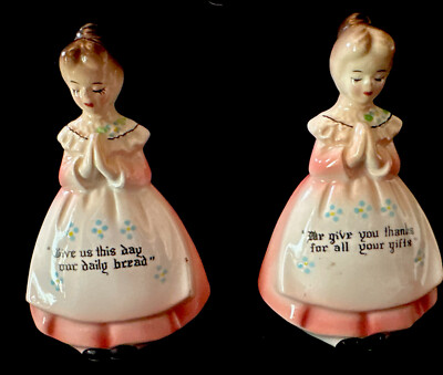 Vtg Enesco Salt & Pepper Shakers Ladies Praying Give Us This Day Our Daily Bread