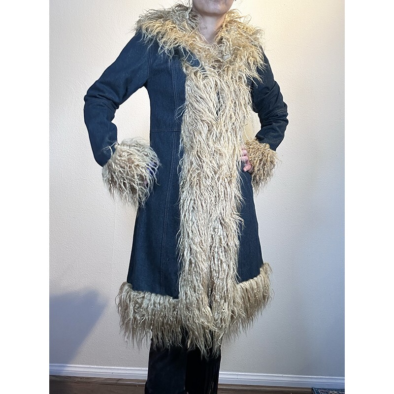 💙🤍 Afghan Penny Lane Daisy Jones Faux Fur Denim Coat Boho | eBay