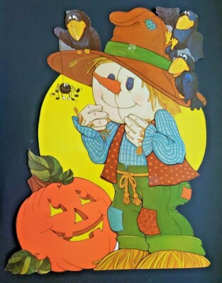 Vintage Halloween Diecut Scarecrow Crows Pumpkin Spider Large 18x13''