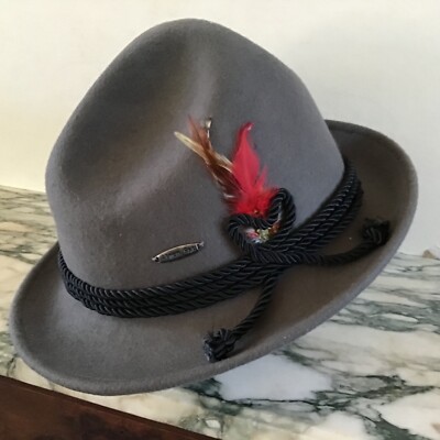 Bavarian German Alpine Wool Gray Hat with Feather & Hat Oktoberfest Large