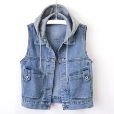 Damen mit Kapuze Denim Weste Gilet Ärmellose Jacke Jeans Oberteile Freizeit