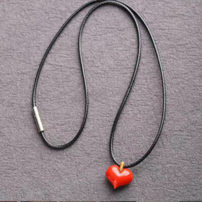 Exquisite High-Content Cinnabar Peach Heart Pendant Leather Rope Chain Necklace
