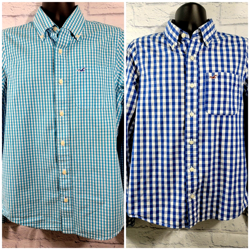 Lot of 2 Hollister Large Button Down Shirt Blue Plaid Long Sleeve Front Logo