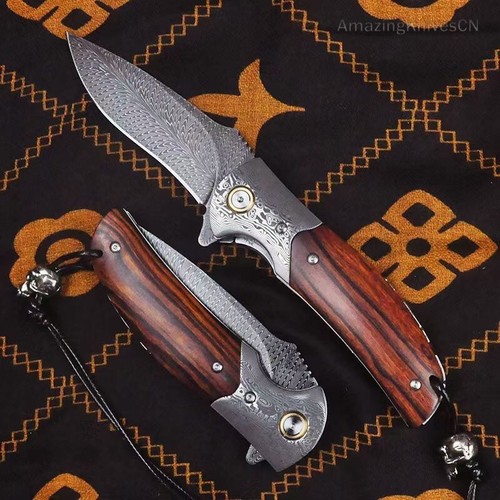 Cuchillo de bolsillo de supervivencia Damasco plumas coleccionables artesanal... - Imagen 2 de 9