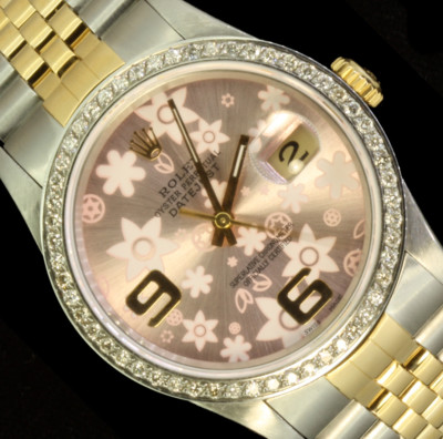 Rolex Mens Gold Stainless Steel Datejust Floral Dial and Diamond Bezel